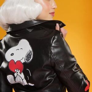 Sarsparilly Peanuts Vegan Black Leather Jacket Snoopy Hearts Cropped Size Large